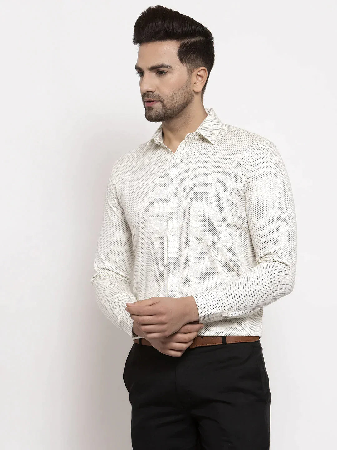 Men's Cream Cotton Polka Dots Formal Shirts - Taantav