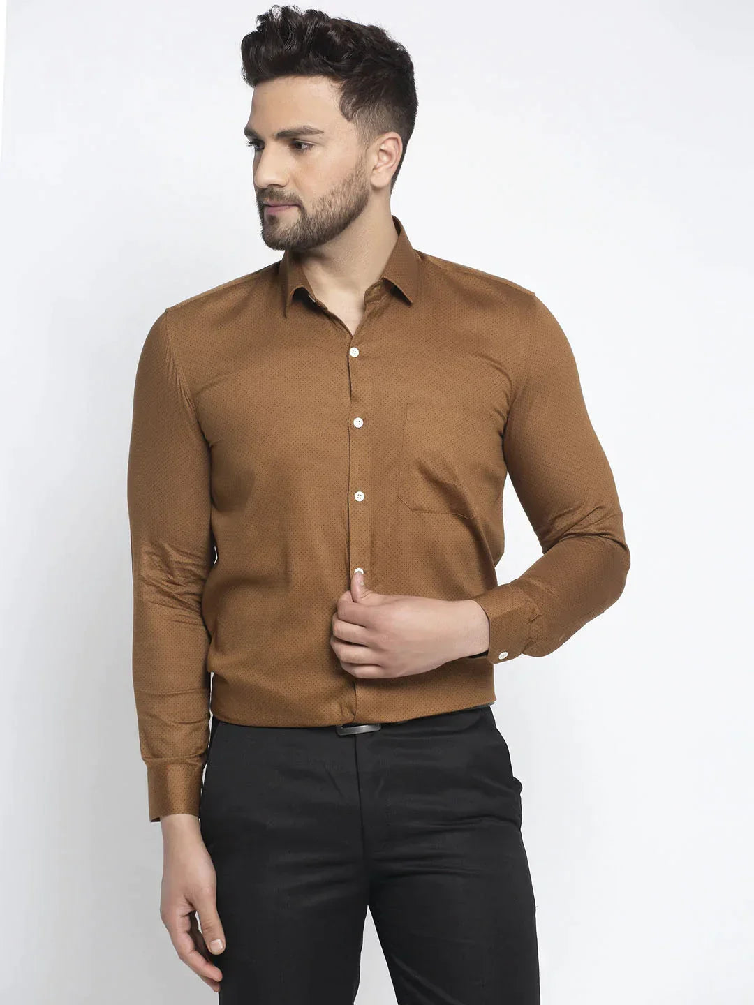 Men's Brown Cotton Polka Dots Formal Shirts - Taantav