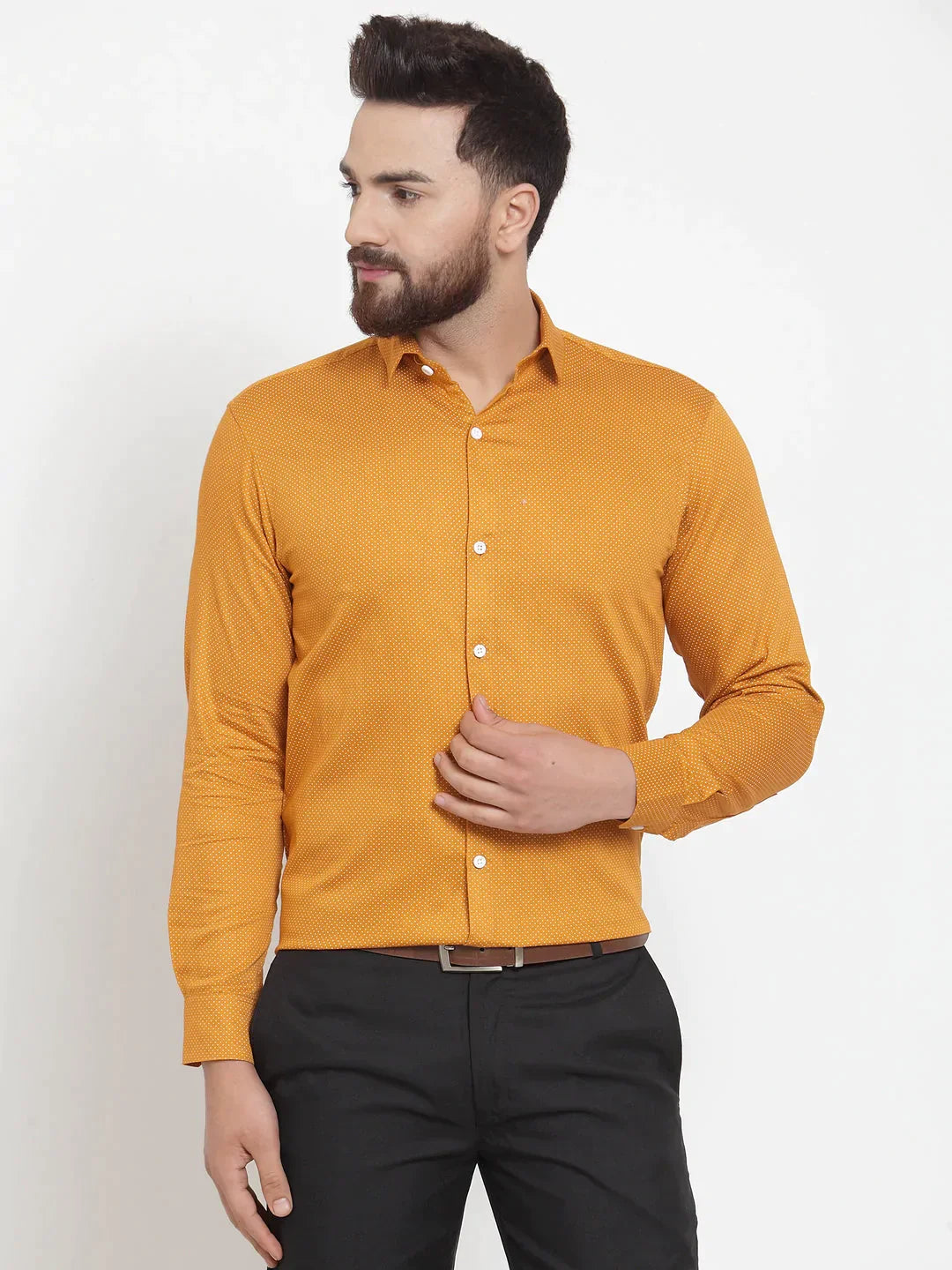 Men's Yellow Cotton Polka Dots Formal Shirts - Taantav