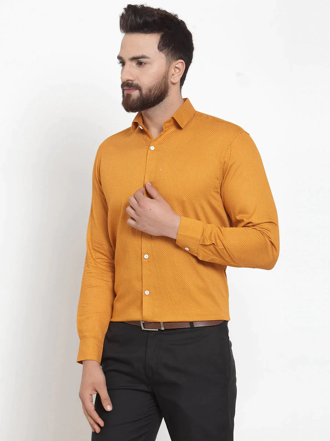 Men's Yellow Cotton Polka Dots Formal Shirts - Taantav