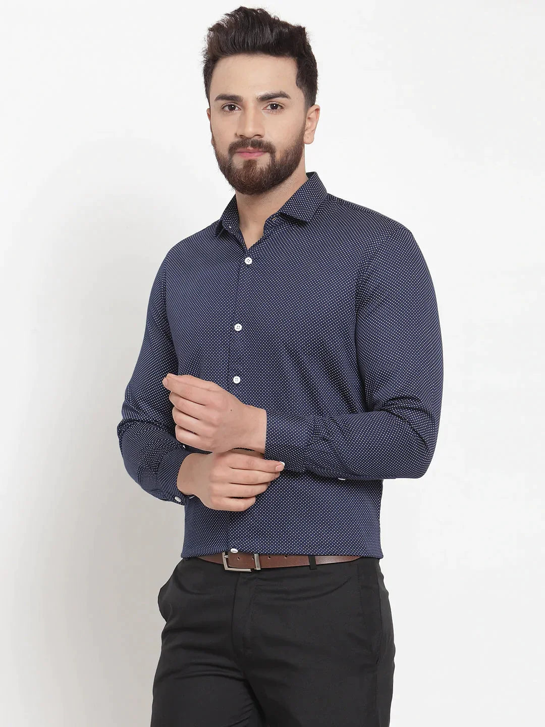 Men's Navy Cotton Polka Dots Formal Shirts - Taantav