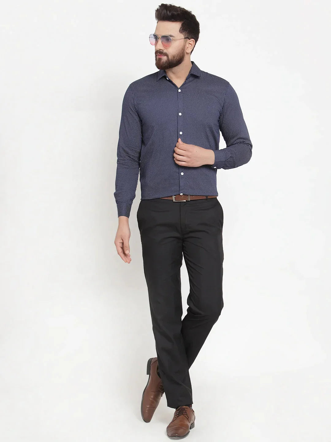 Men's Navy Cotton Polka Dots Formal Shirts - Taantav