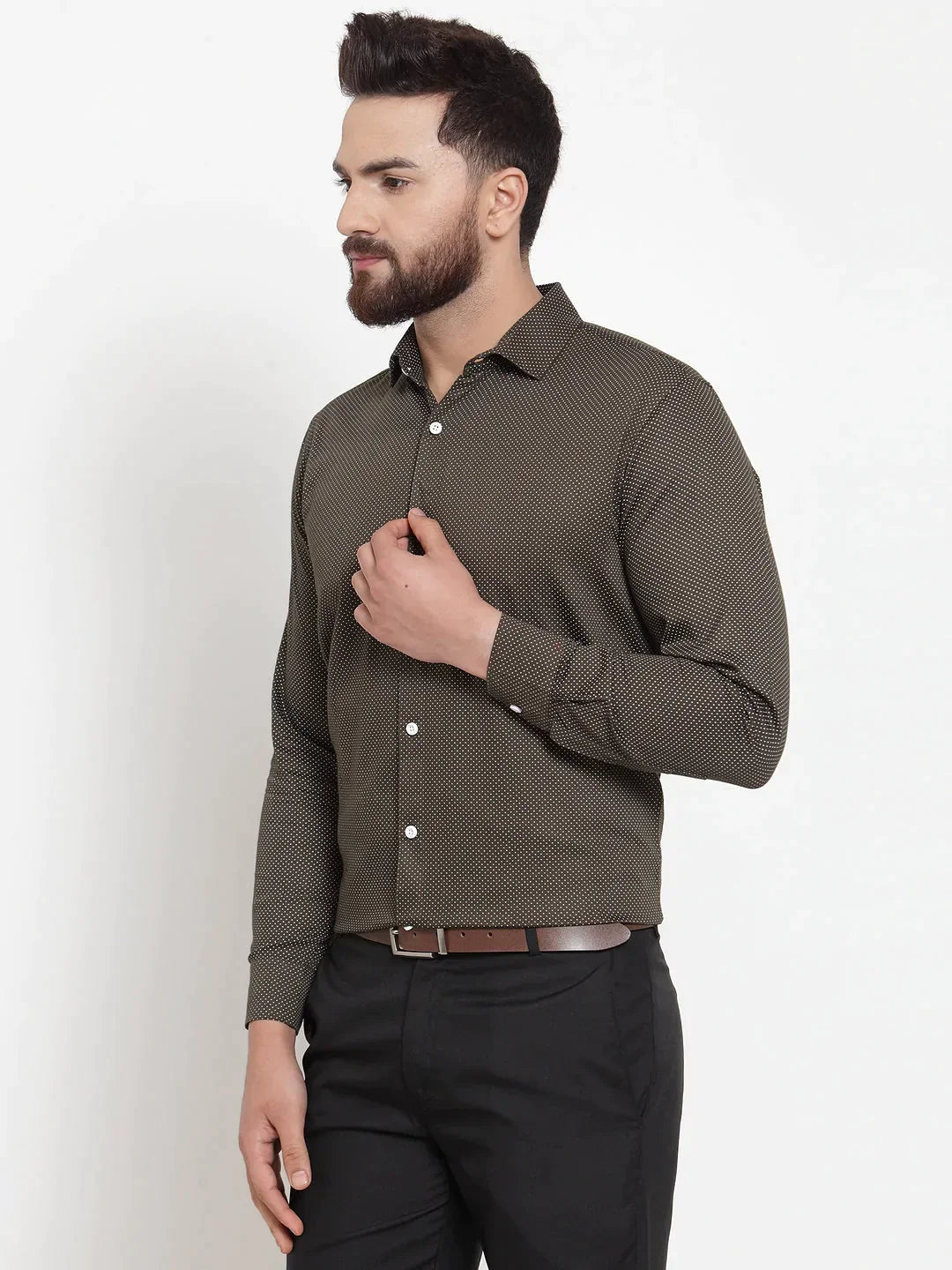 Men's Olive Cotton Polka Dots Formal Shirts - Taantav