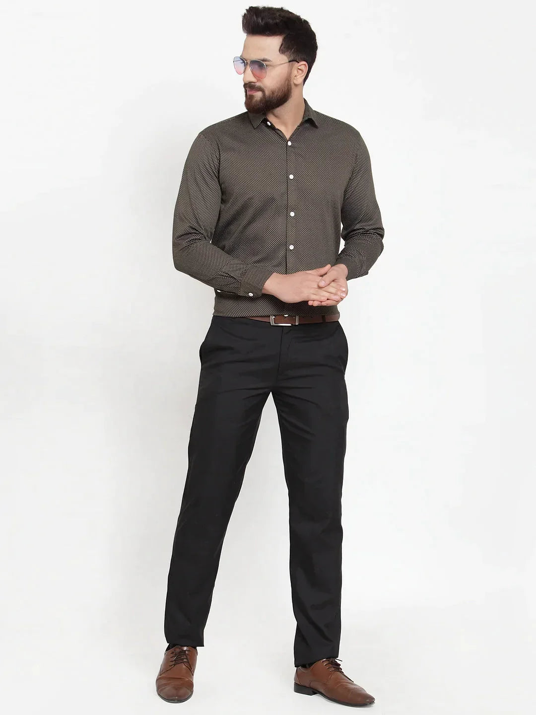 Men's Olive Cotton Polka Dots Formal Shirts - Taantav