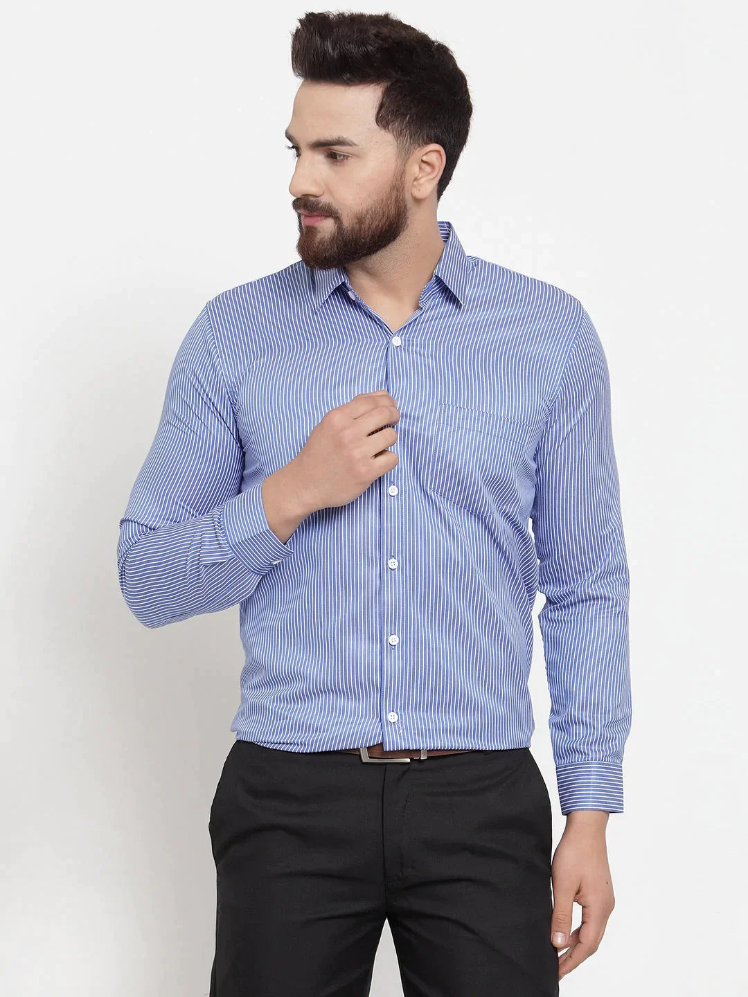 Men's Blue Cotton Stiped Formal Shirts - Taantav