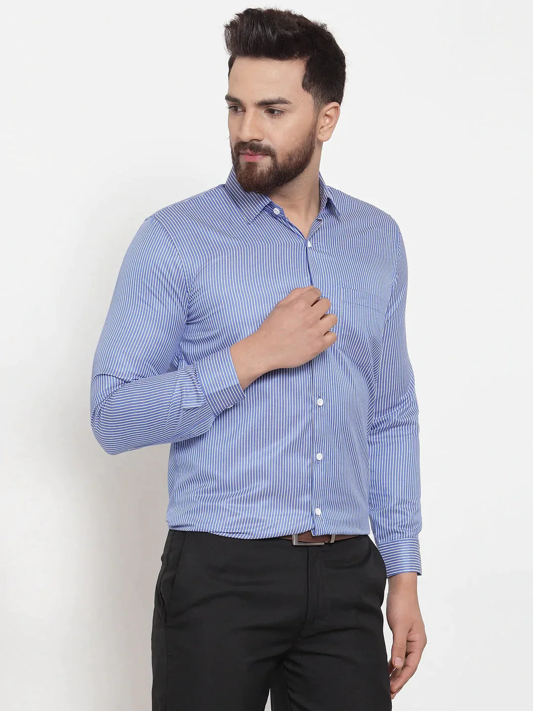 Men's Blue Cotton Stiped Formal Shirts - Taantav