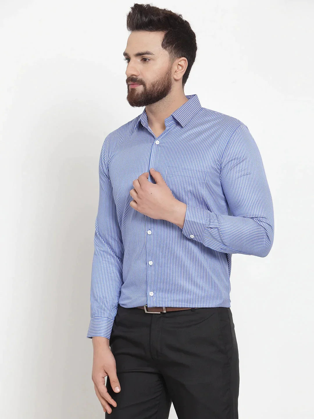 Men's Blue Cotton Stiped Formal Shirts - Taantav