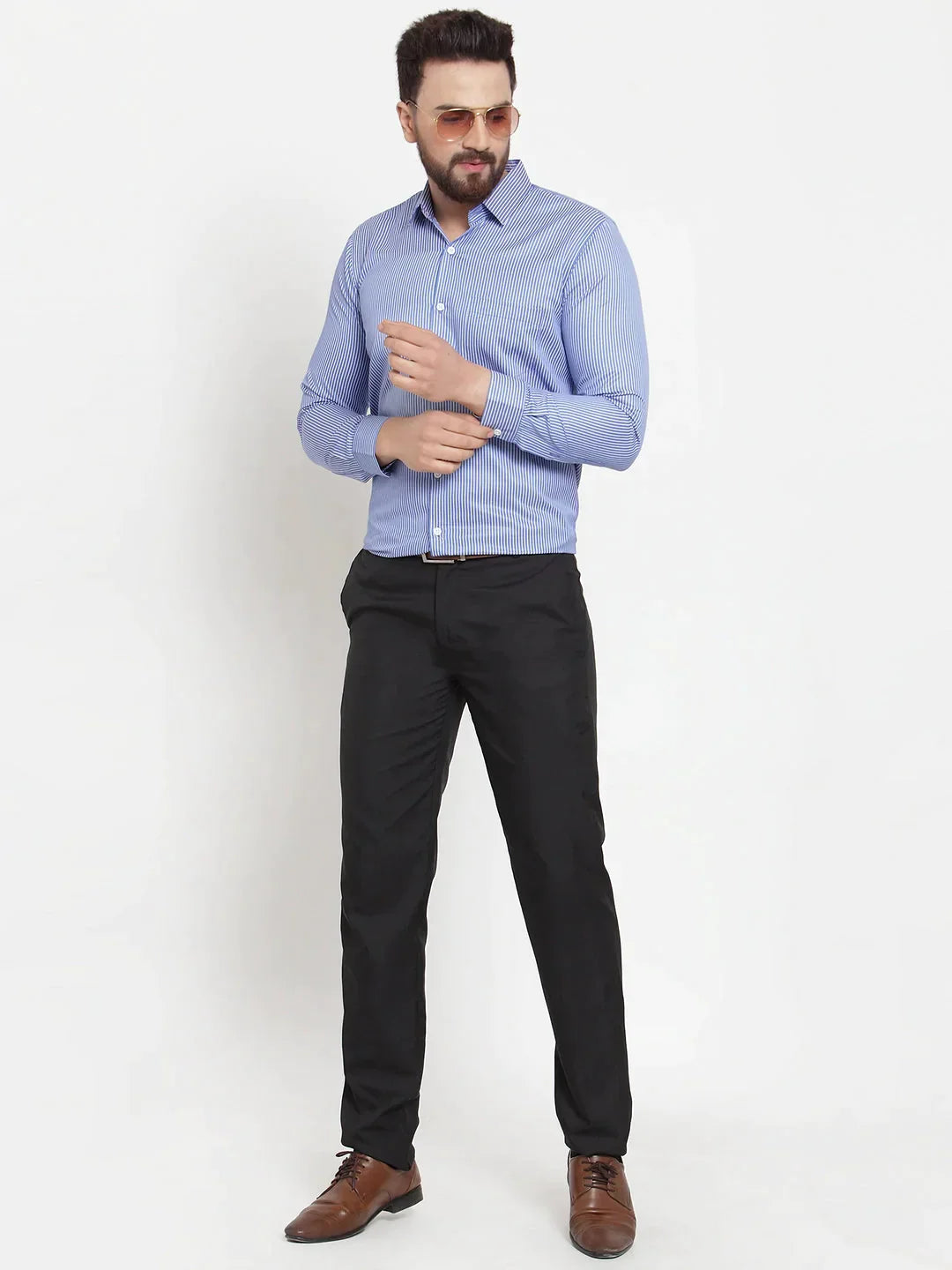 Men's Blue Cotton Stiped Formal Shirts - Taantav