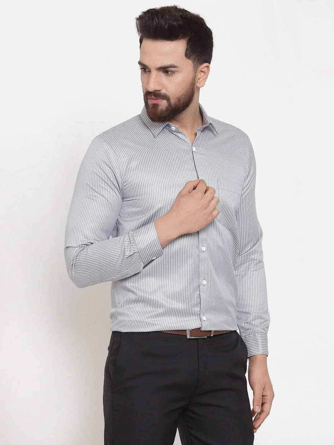 Men's Grey Cotton Stiped Formal Shirts - Taantav