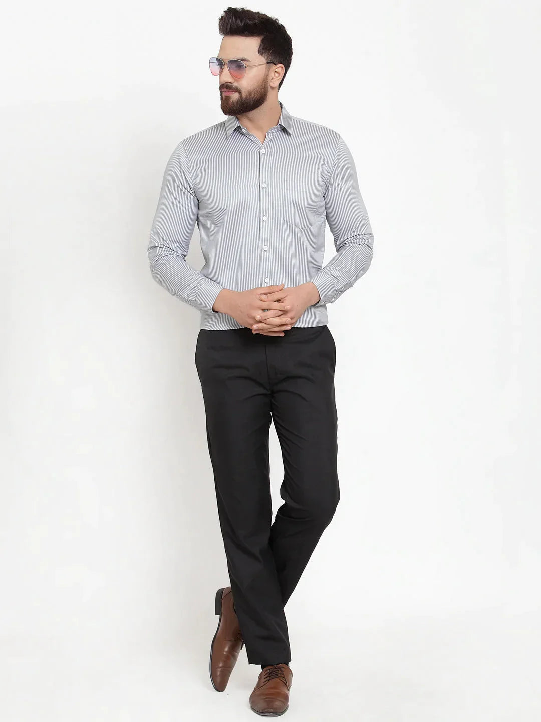 Men's Grey Cotton Stiped Formal Shirts - Taantav