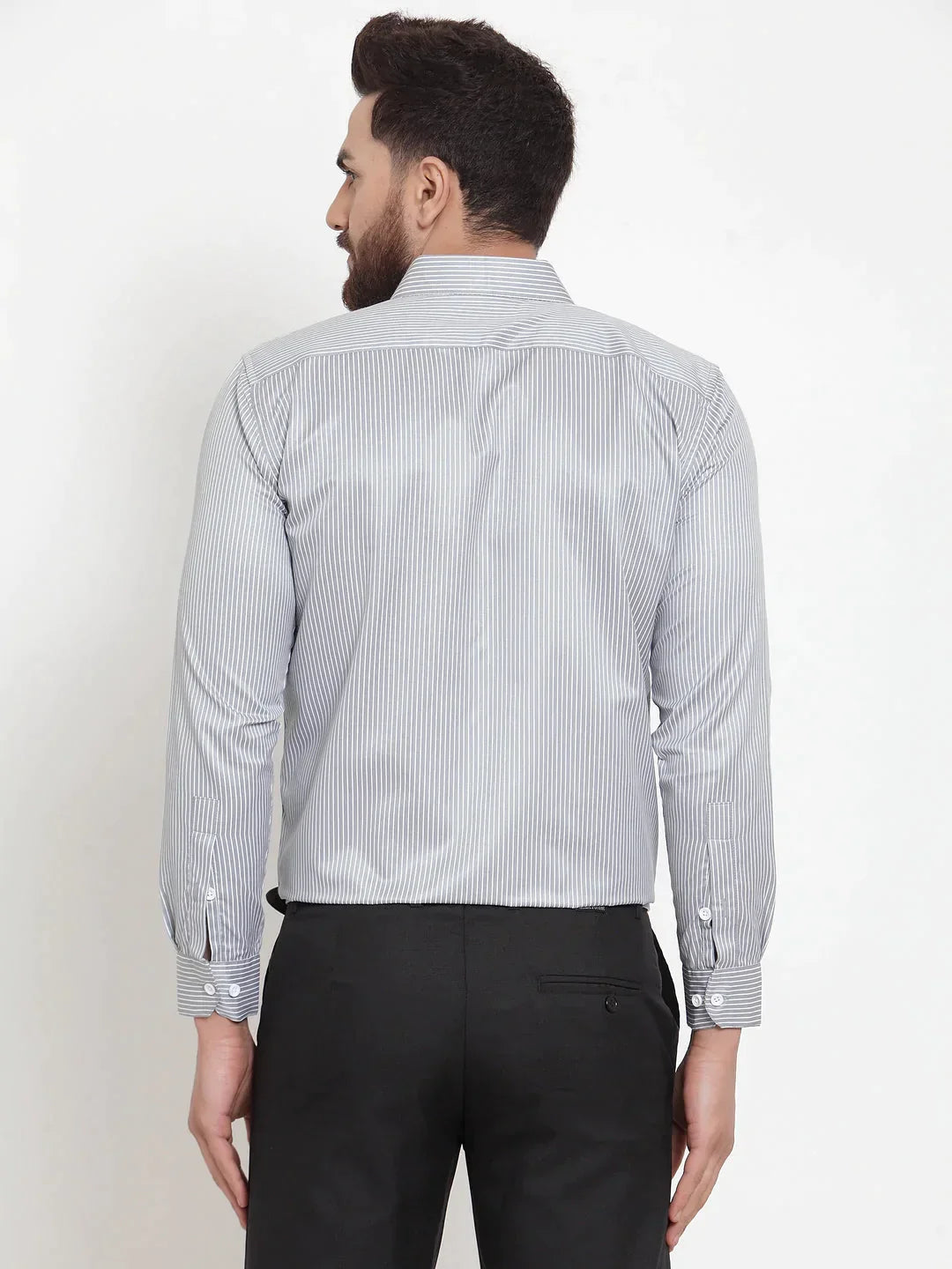 Men's Grey Cotton Stiped Formal Shirts - Taantav