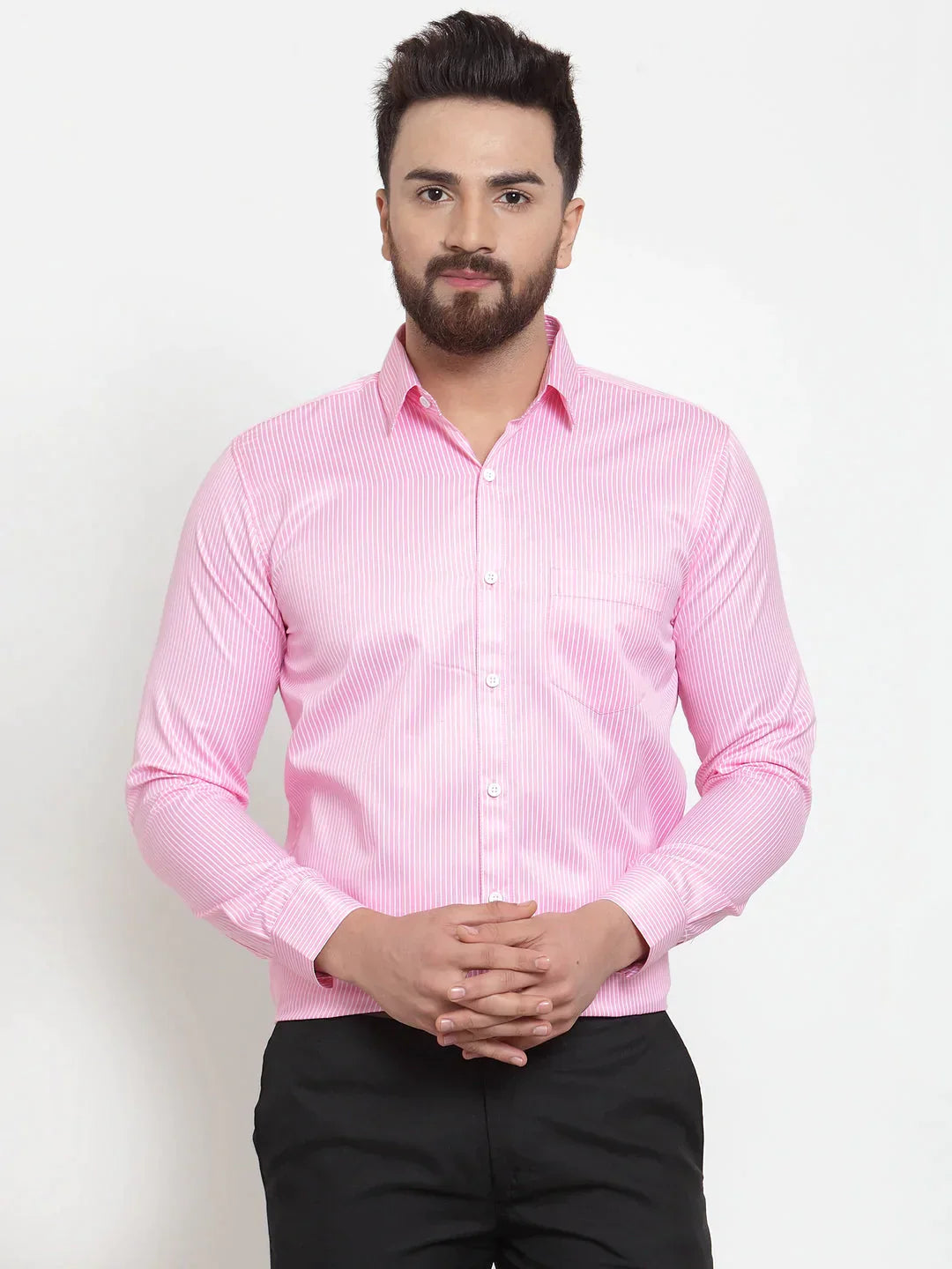 Men's Pink Cotton Stiped Formal Shirts - Taantav