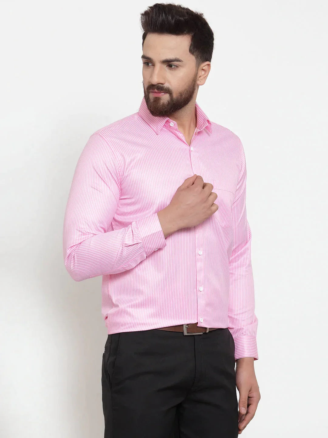 Men's Pink Cotton Stiped Formal Shirts - Taantav