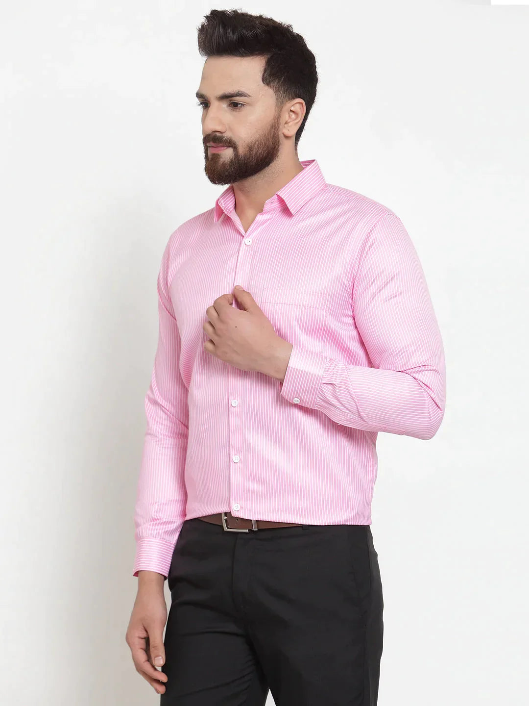 Men's Pink Cotton Stiped Formal Shirts - Taantav