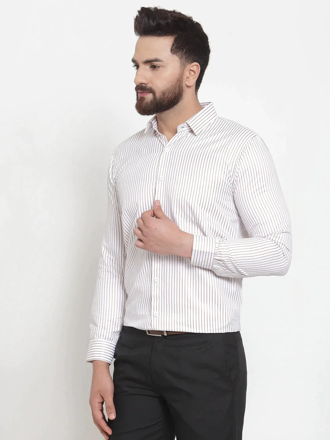 Men's White Cotton Stiped Formal Shirts - Taantav