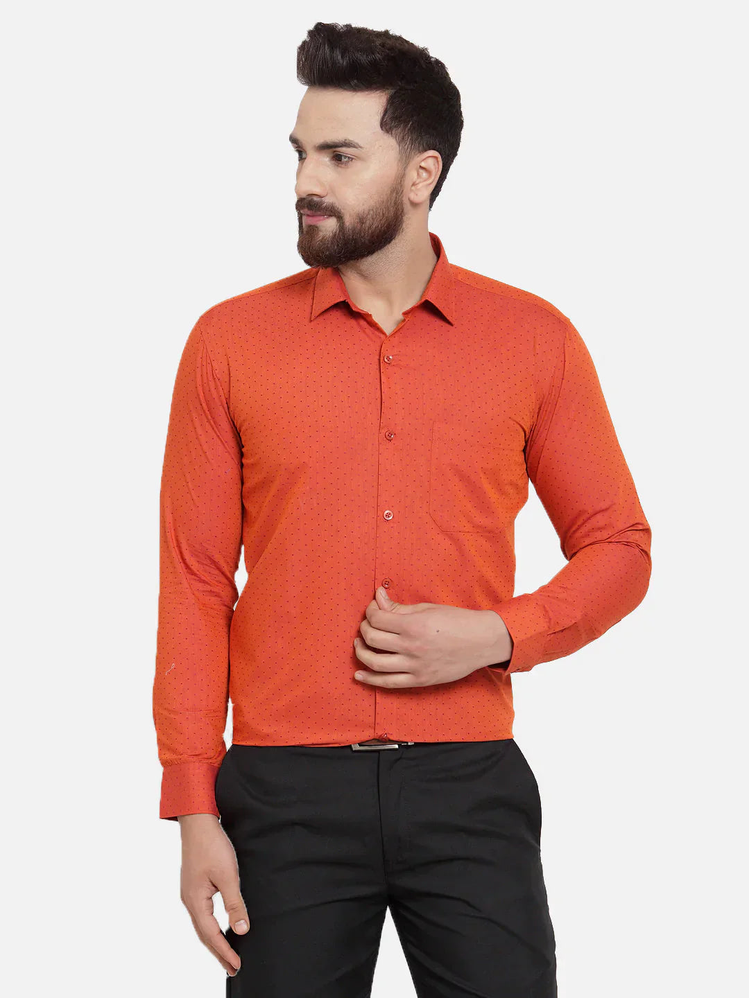 Men's Orange Cotton Polka Dots Formal Shirts - Taantav