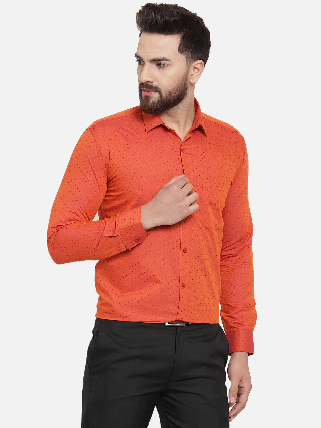 Men's Orange Cotton Polka Dots Formal Shirts - Taantav