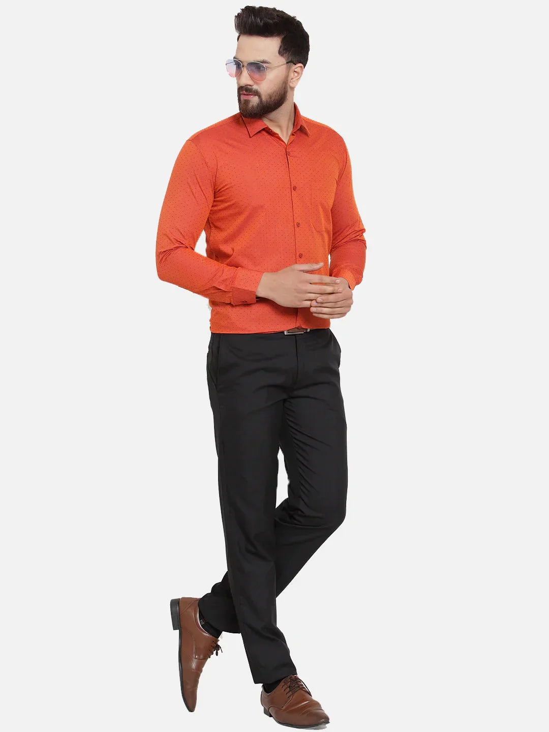 Men's Orange Cotton Polka Dots Formal Shirts - Taantav