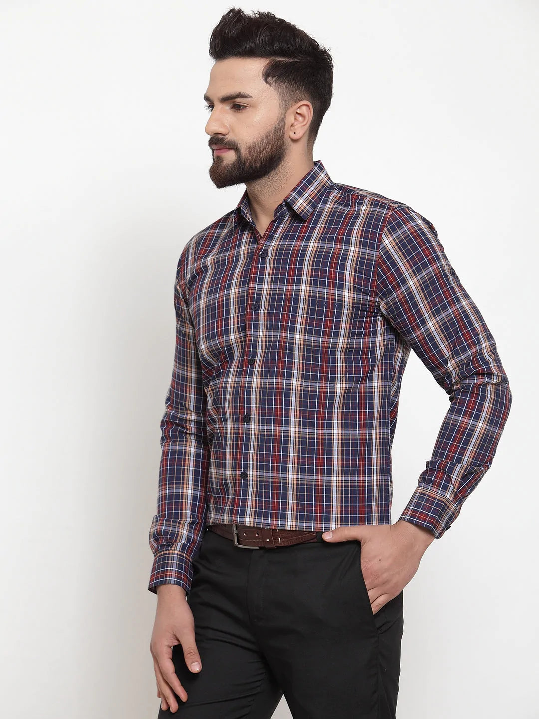 Men's Blue Cotton Checked Formal Shirts - Taantav