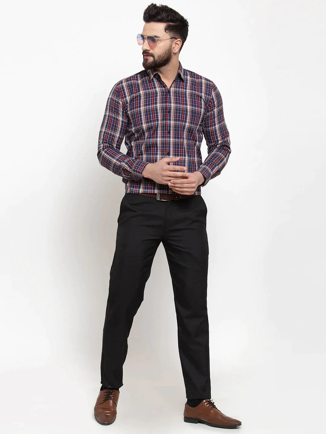 Men's Blue Cotton Checked Formal Shirts - Taantav