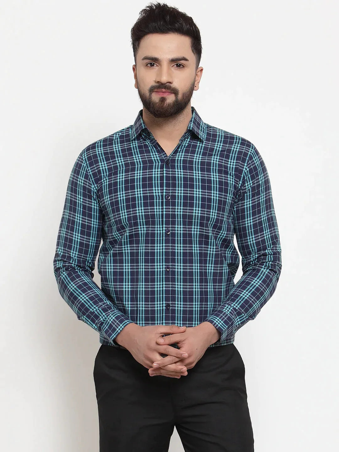 Men's Green Cotton Checked Formal Shirts - Taantav