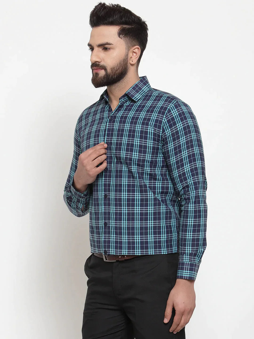 Men's Green Cotton Checked Formal Shirts - Taantav