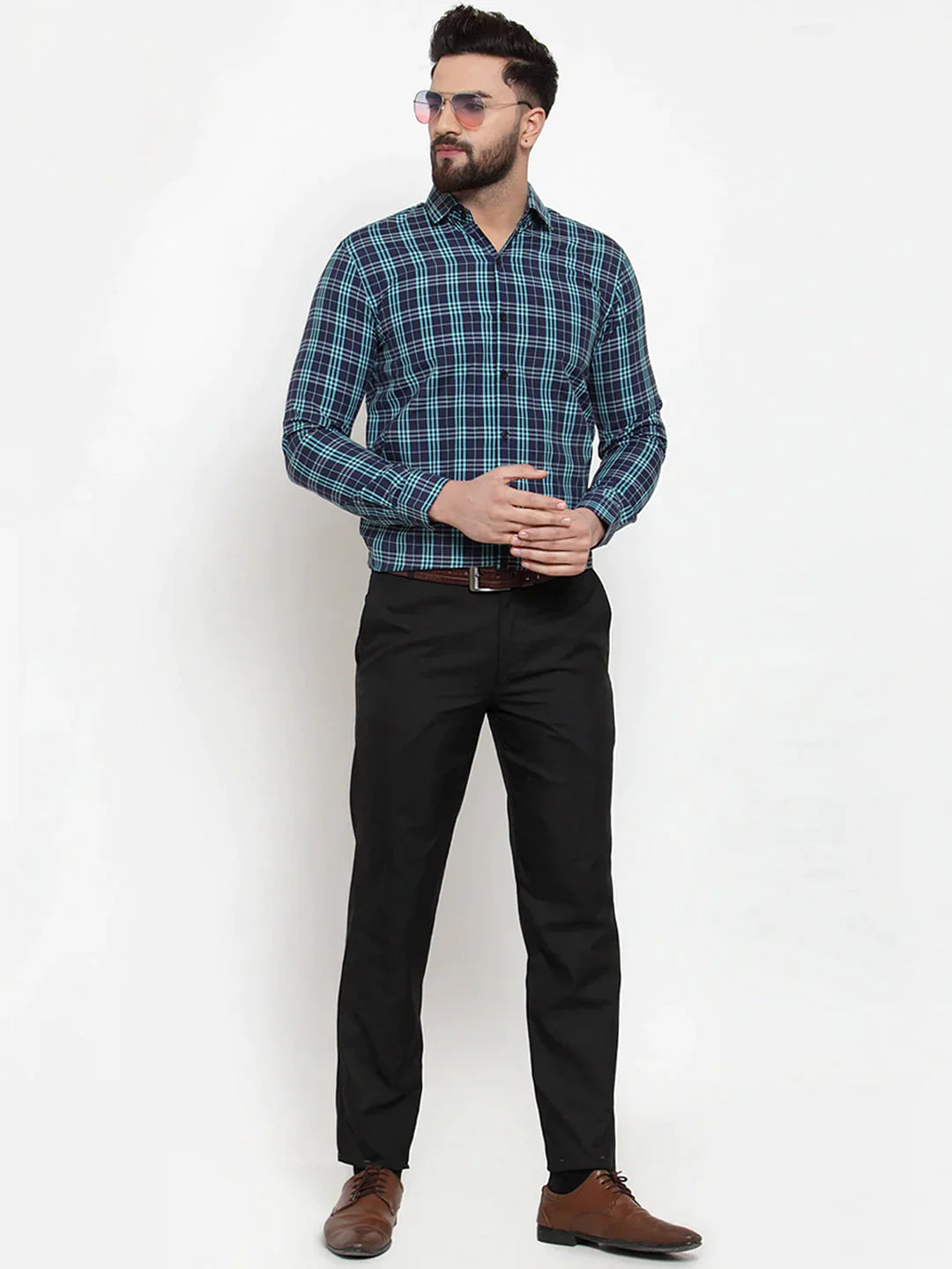 Men's Green Cotton Checked Formal Shirts - Taantav