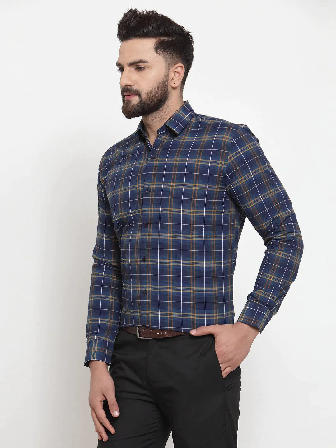 Men's Blue Cotton Checked Formal Shirts - Taantav