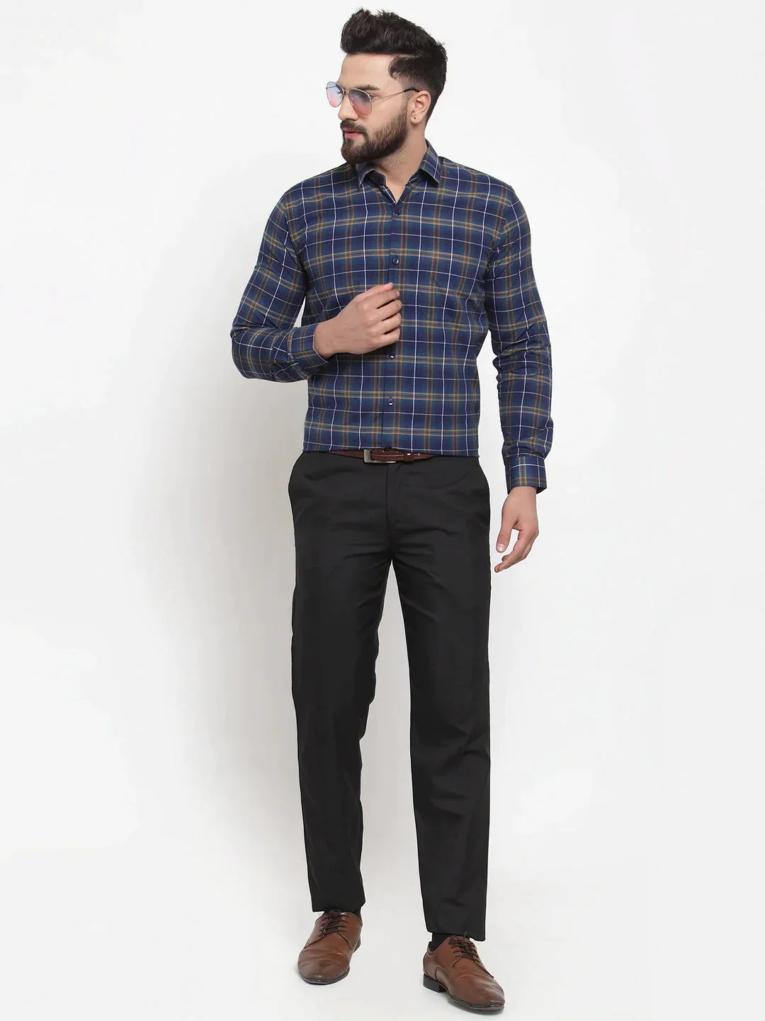 Men's Blue Cotton Checked Formal Shirts - Taantav