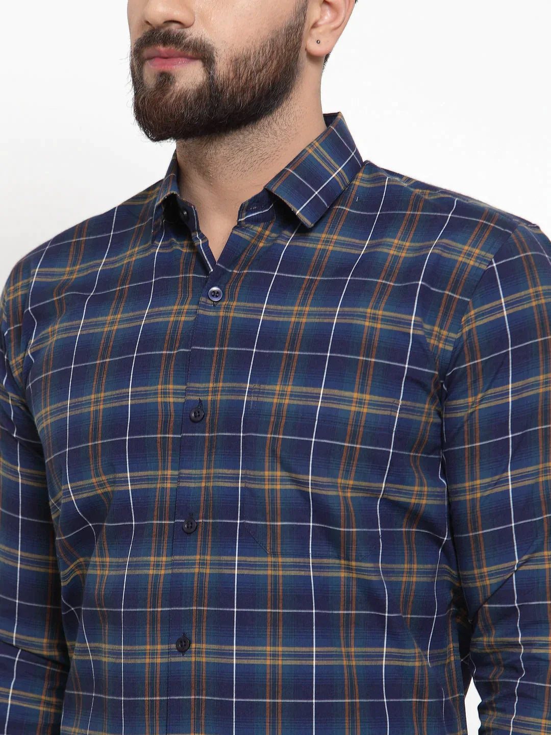 Men's Blue Cotton Checked Formal Shirts - Taantav