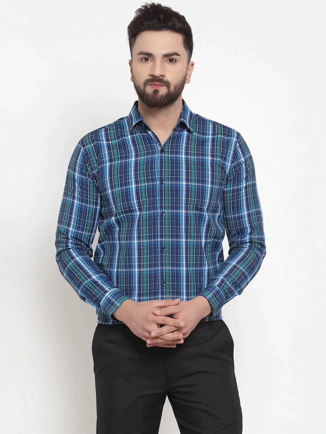 Men's Blue Cotton Checked Formal Shirts - Taantav