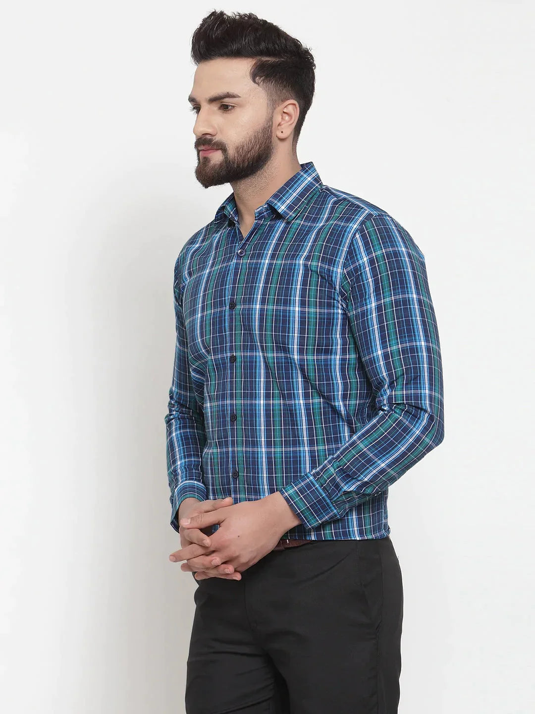 Men's Blue Cotton Checked Formal Shirts - Taantav