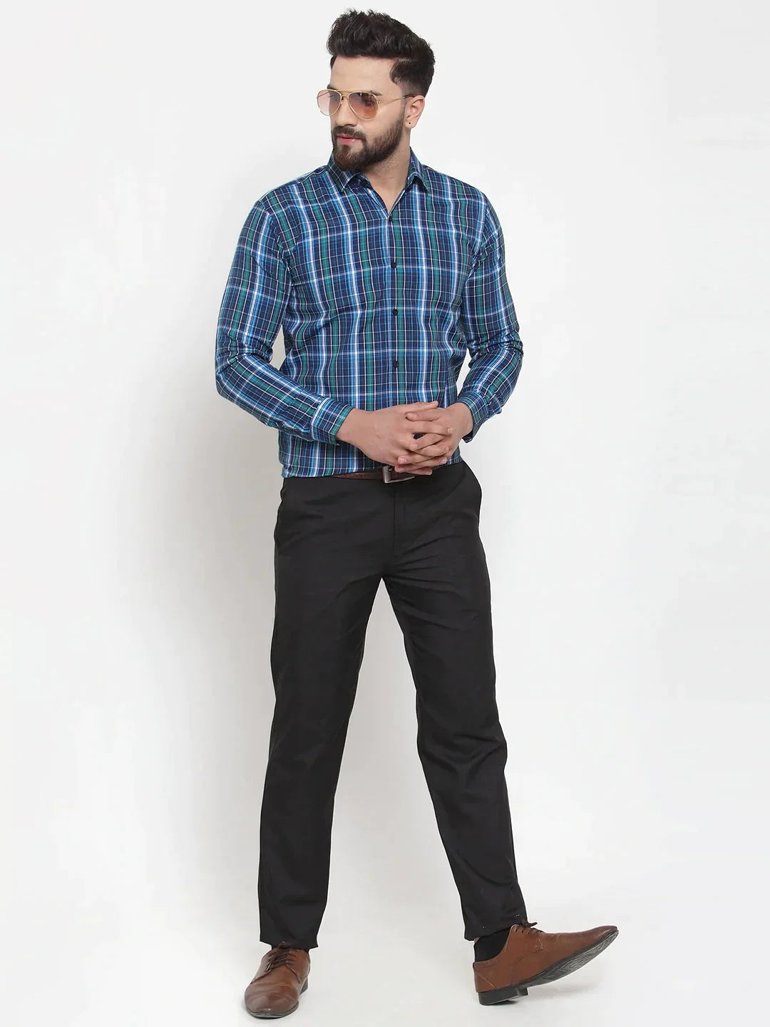 Men's Blue Cotton Checked Formal Shirts - Taantav