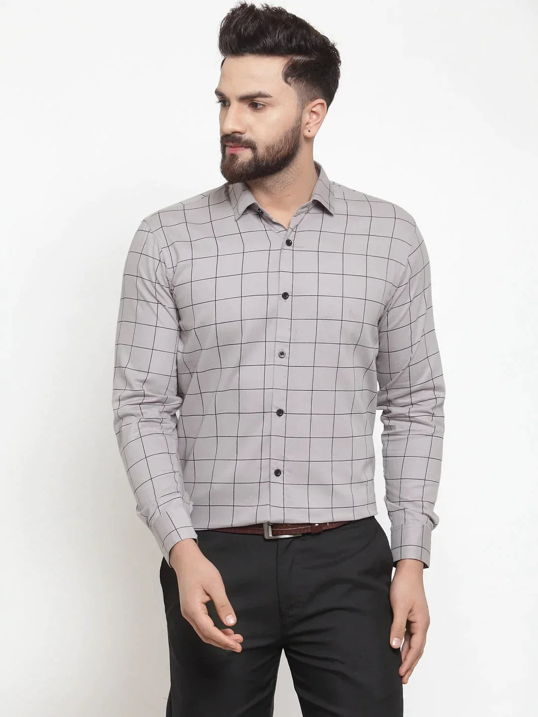 Men's Grey Cotton Checked Formal Shirts - Taantav