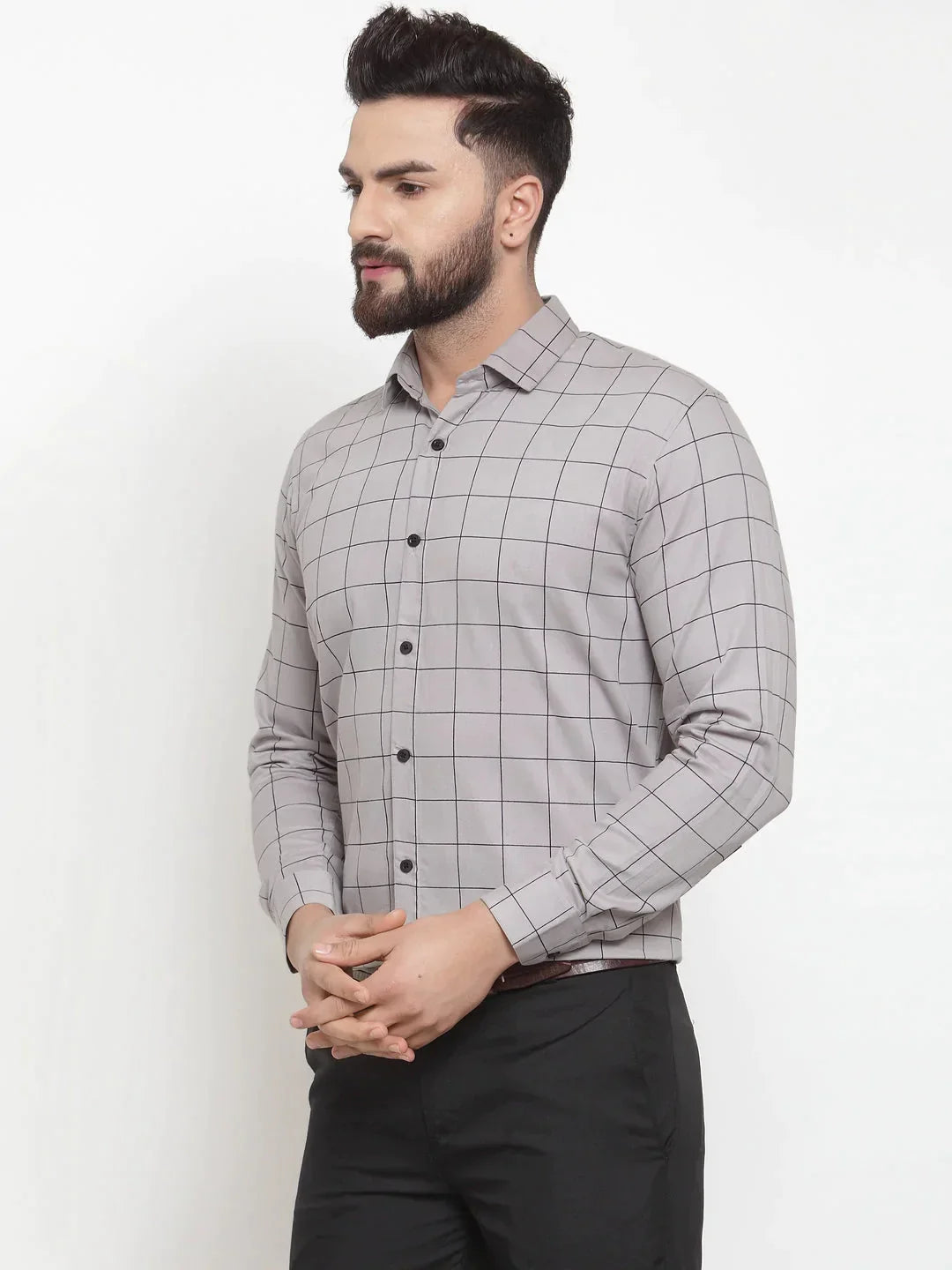 Men's Grey Cotton Checked Formal Shirts - Taantav