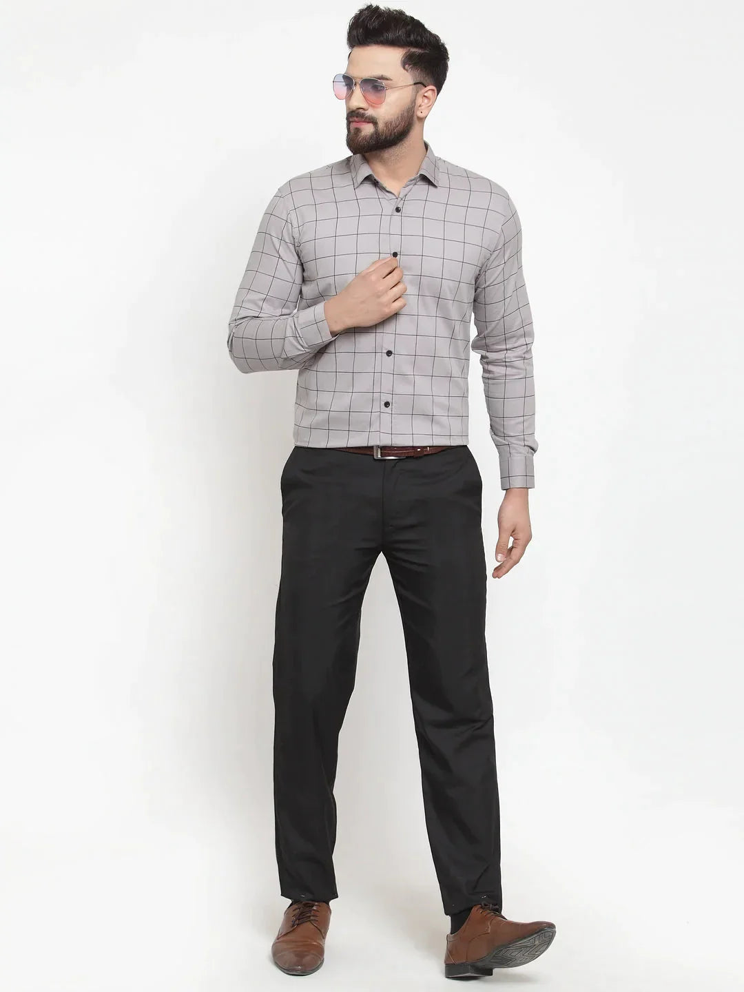 Men's Grey Cotton Checked Formal Shirts - Taantav