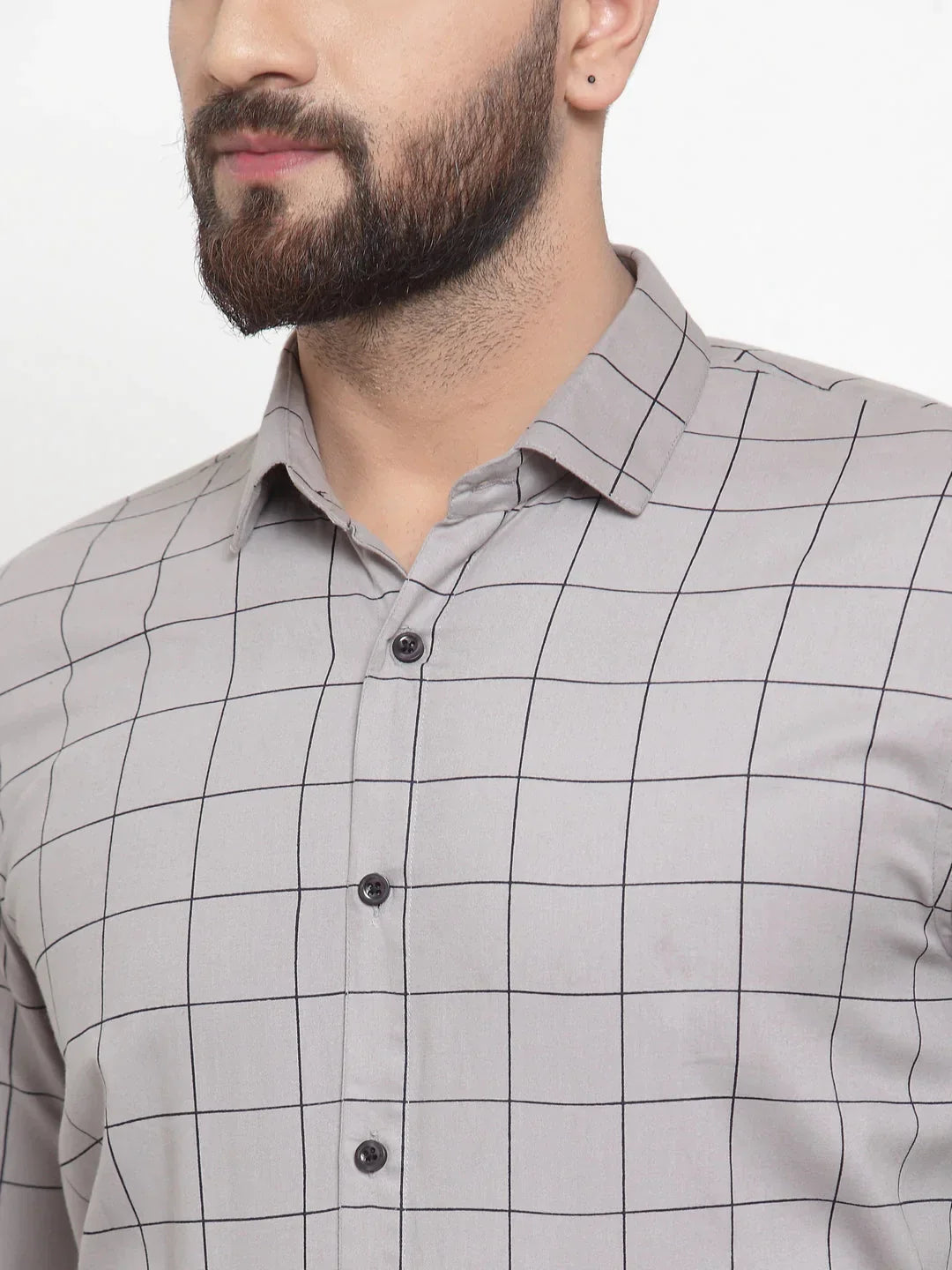 Men's Grey Cotton Checked Formal Shirts - Taantav