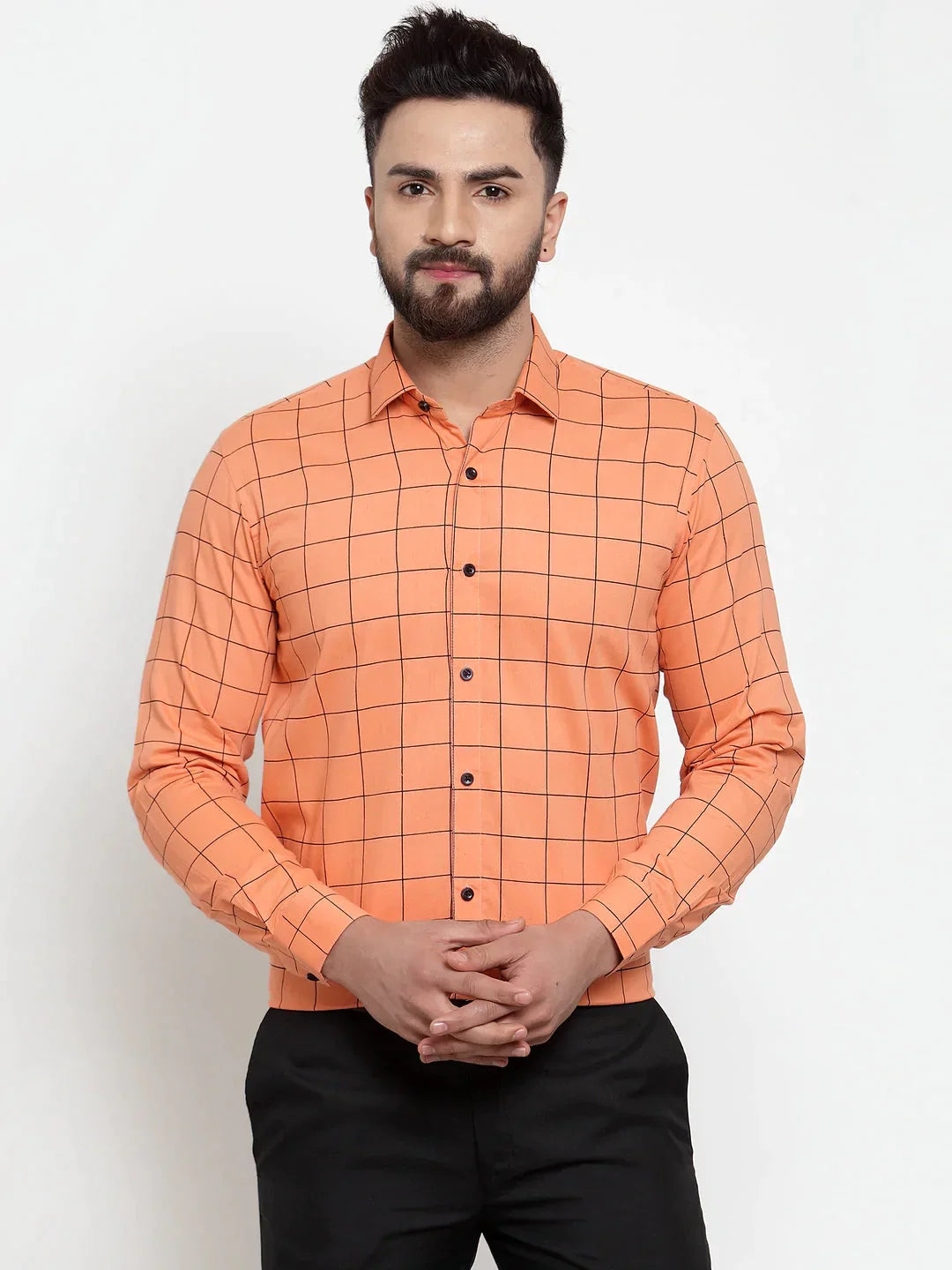 Men's Orange Cotton Checked Formal Shirts - Taantav