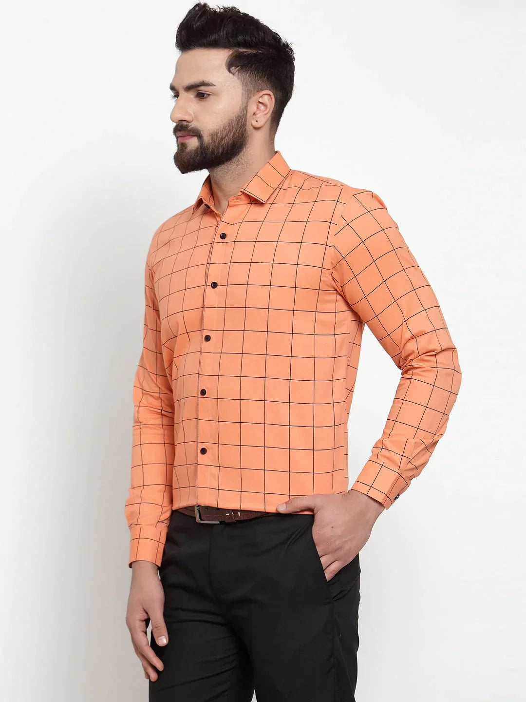 Men's Orange Cotton Checked Formal Shirts - Taantav