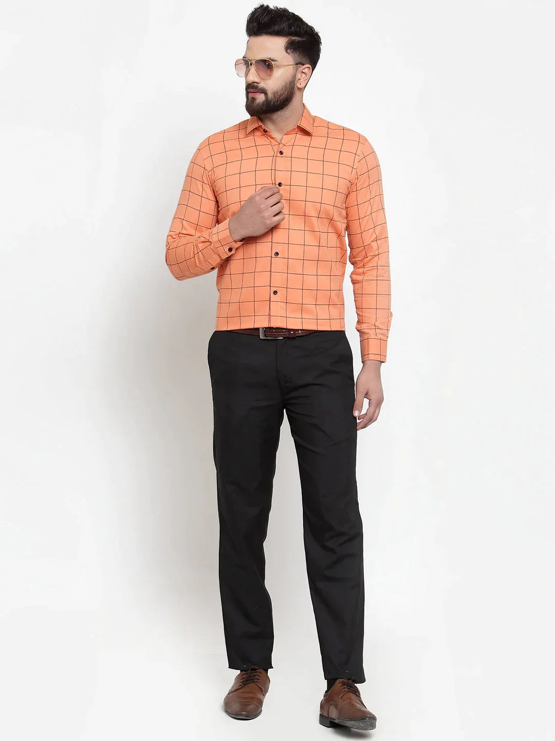 Men's Orange Cotton Checked Formal Shirts - Taantav