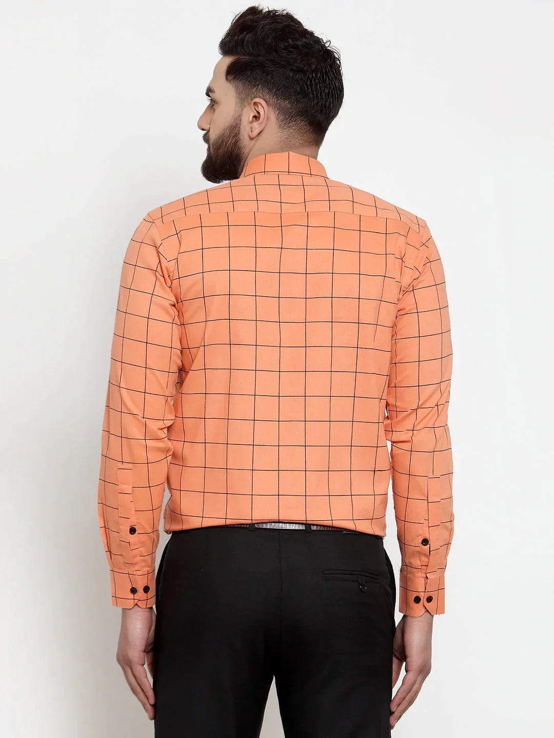 Men's Orange Cotton Checked Formal Shirts - Taantav