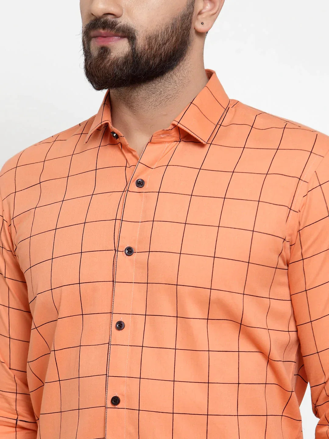 Men's Orange Cotton Checked Formal Shirts - Taantav