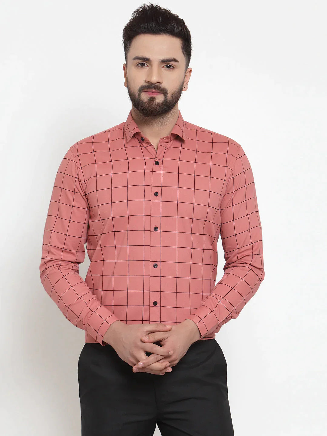 Men's Peach Cotton Checked Formal Shirts - Taantav