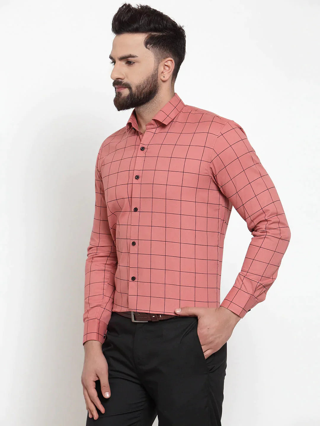 Men's Peach Cotton Checked Formal Shirts - Taantav