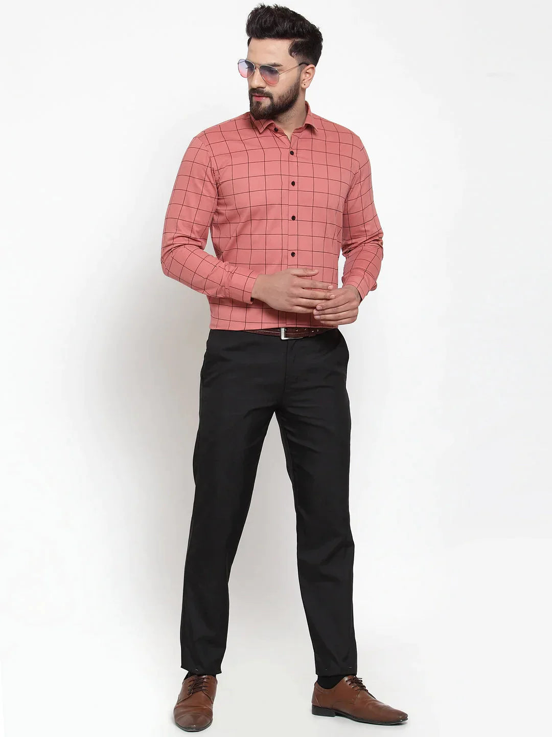 Men's Peach Cotton Checked Formal Shirts - Taantav