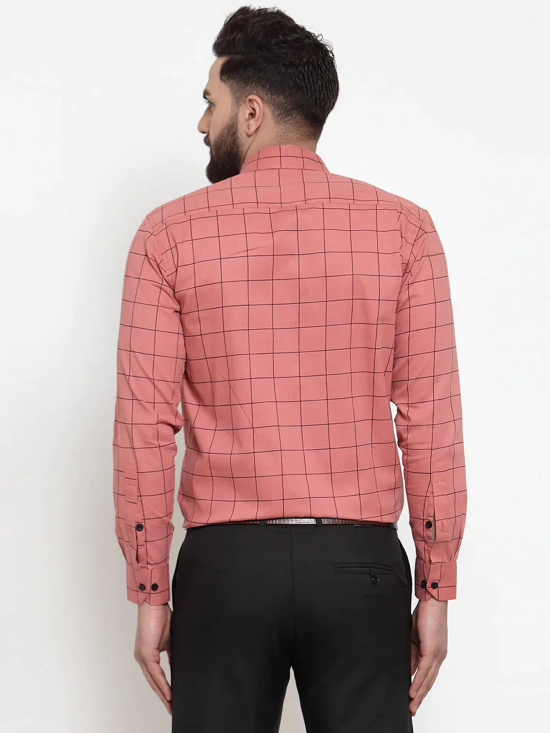 Men's Peach Cotton Checked Formal Shirts - Taantav