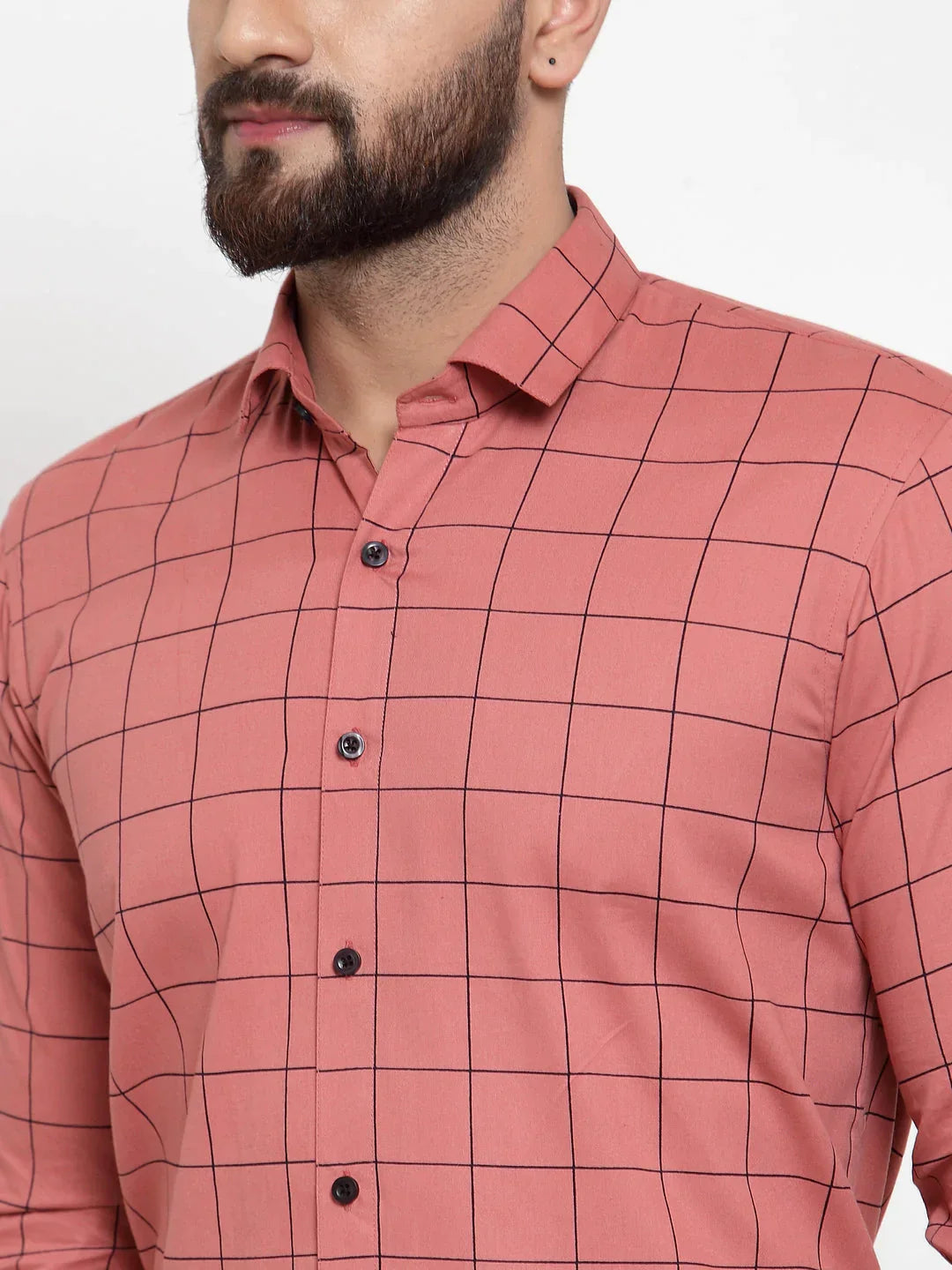 Men's Peach Cotton Checked Formal Shirts - Taantav