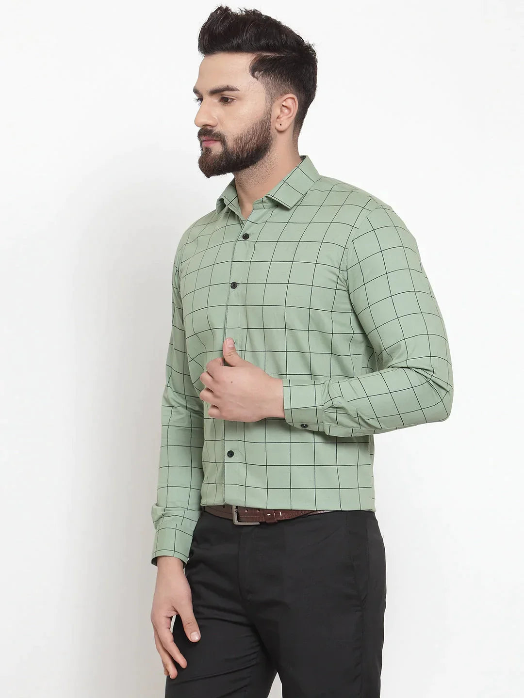 Men's Green Cotton Checked Formal Shirts - Taantav