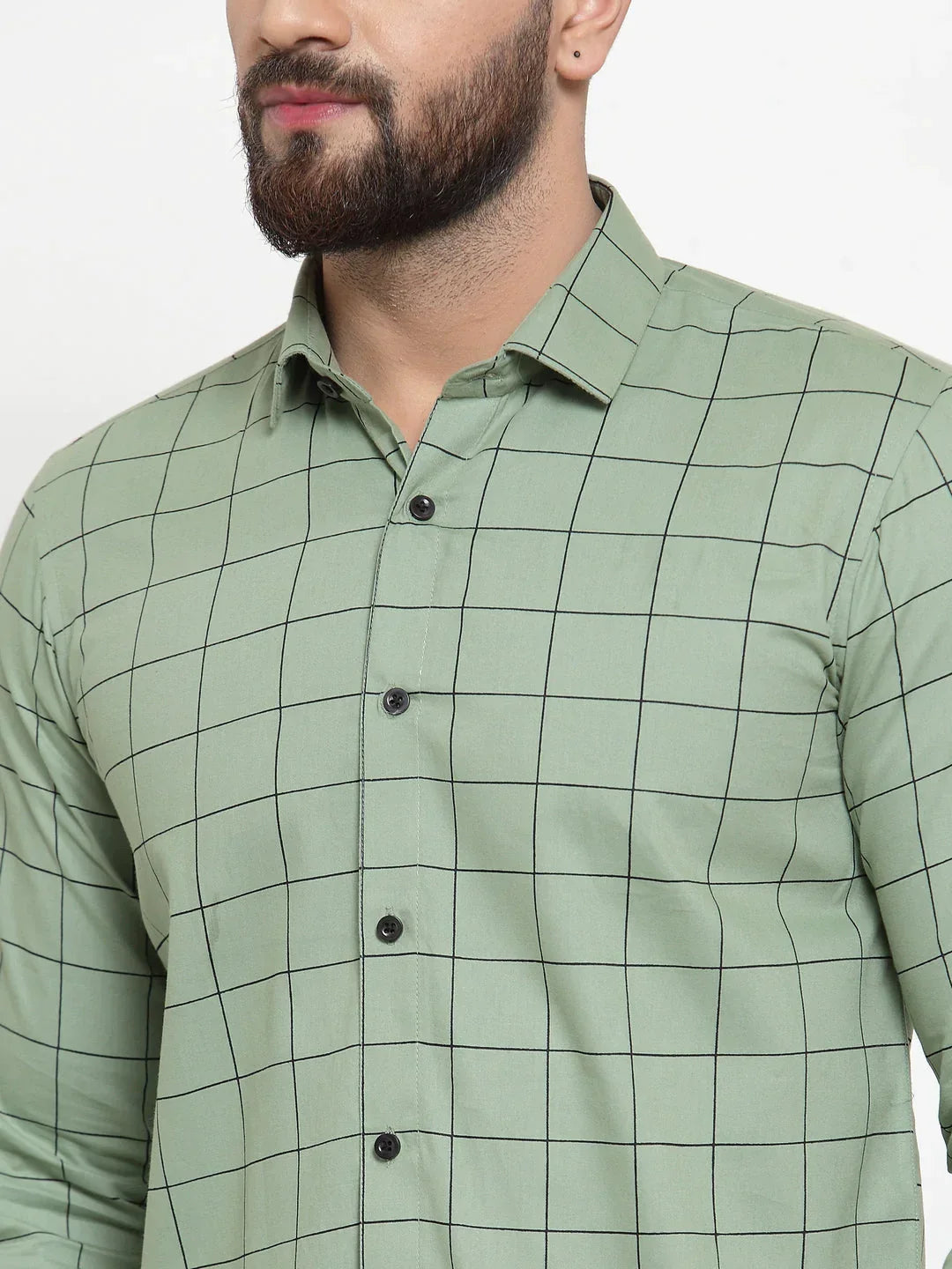 Men's Green Cotton Checked Formal Shirts - Taantav