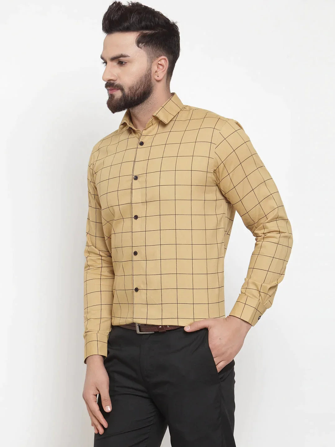 Men's Beige Cotton Checked Formal Shirts - Taantav